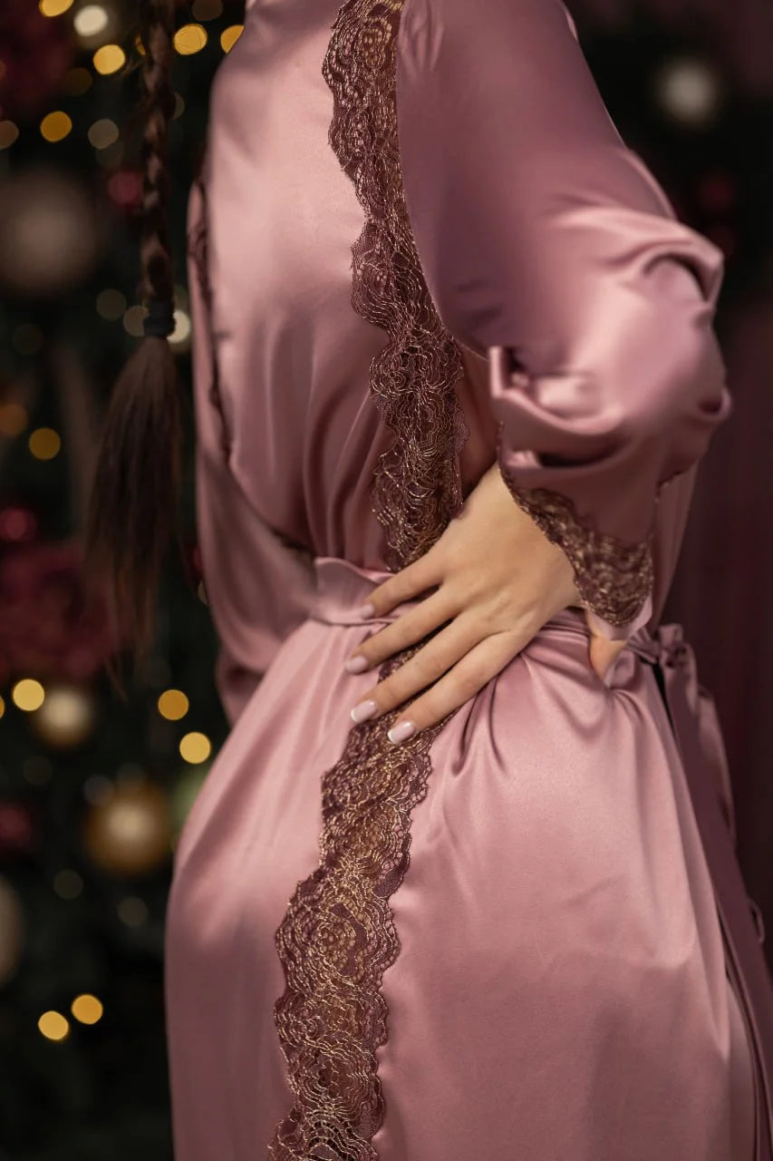 Beautiful cozy and soft bridal elegant black satin Women's Sweetjama Set with handmade Italian Lace
