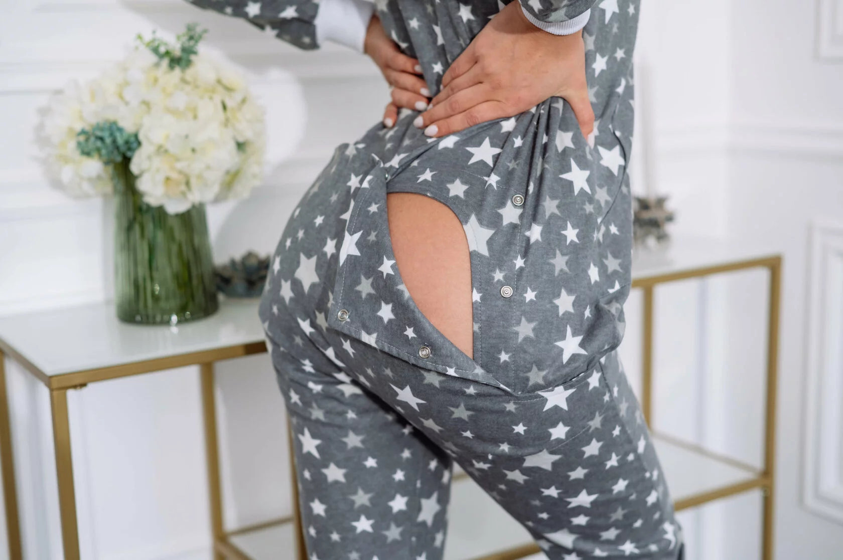 Woman cute butt flap Pajamas jumpsuit cutout SweetJama Flannel "Stars Gray"