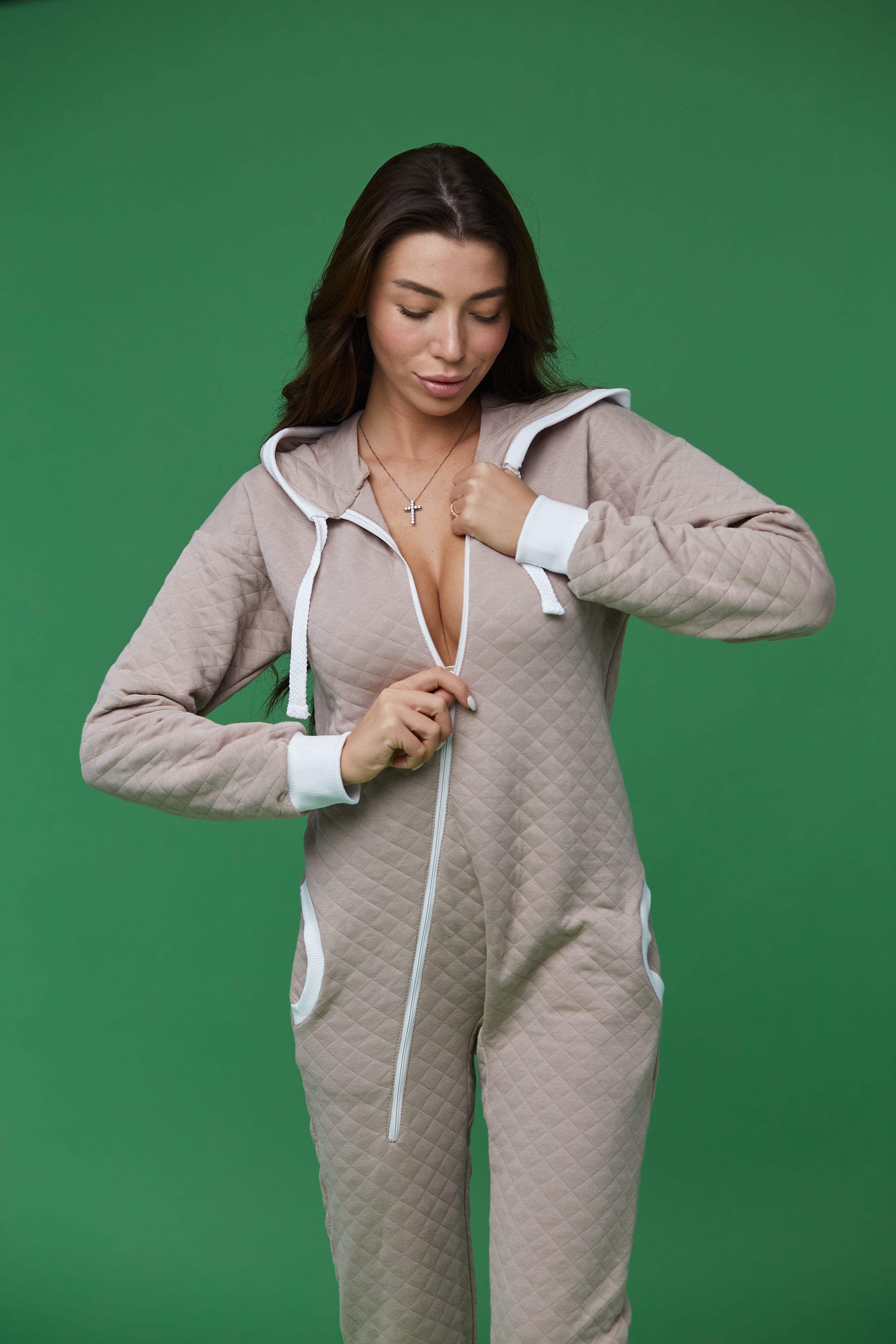 Woman's onesie cotton jumpsuit with a hood pajama's Lounge "Cappuccino" with zipper
