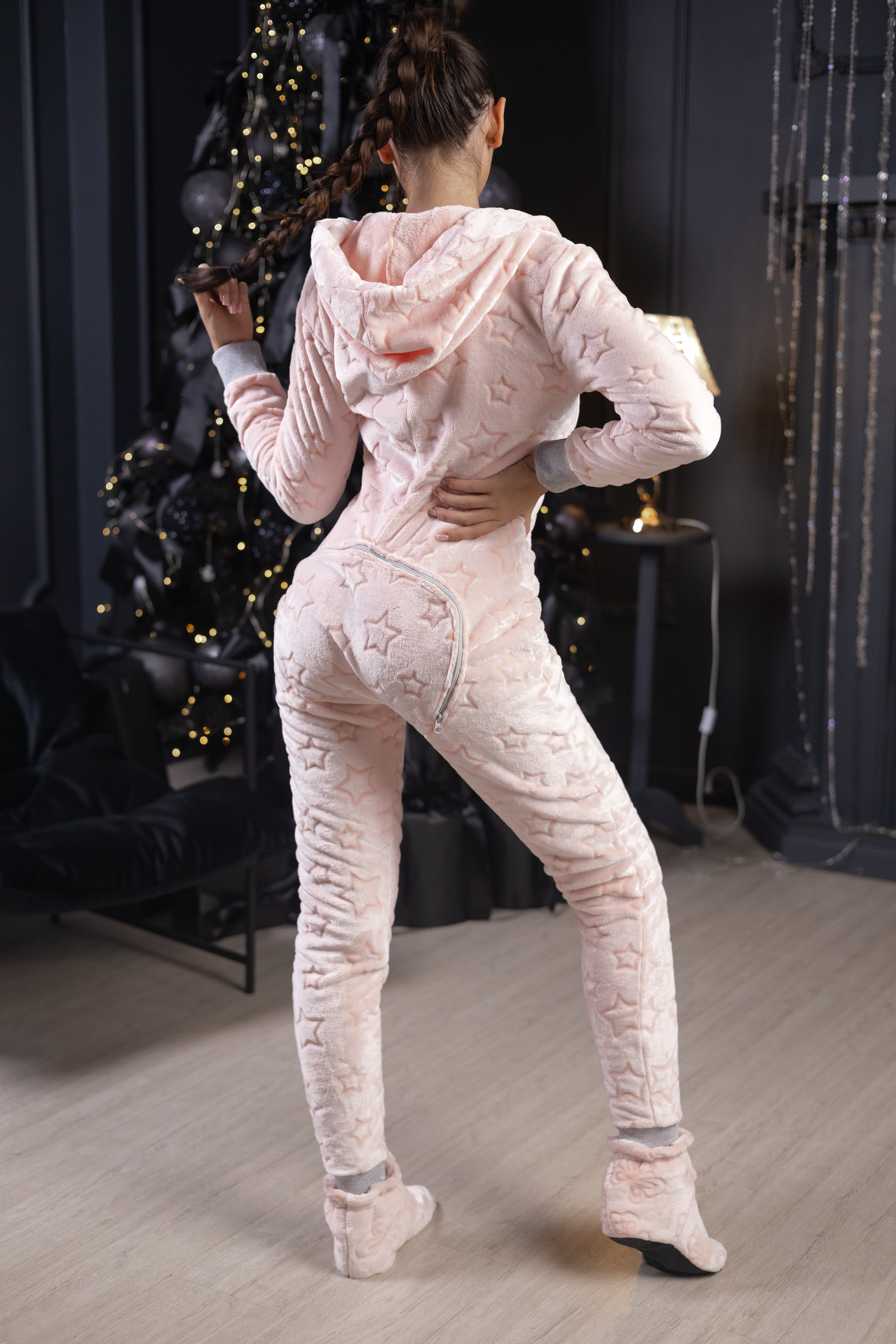 Women's cozy terry butt flap pajamas Sweetjama Frozy with a hood "Peach Stars"