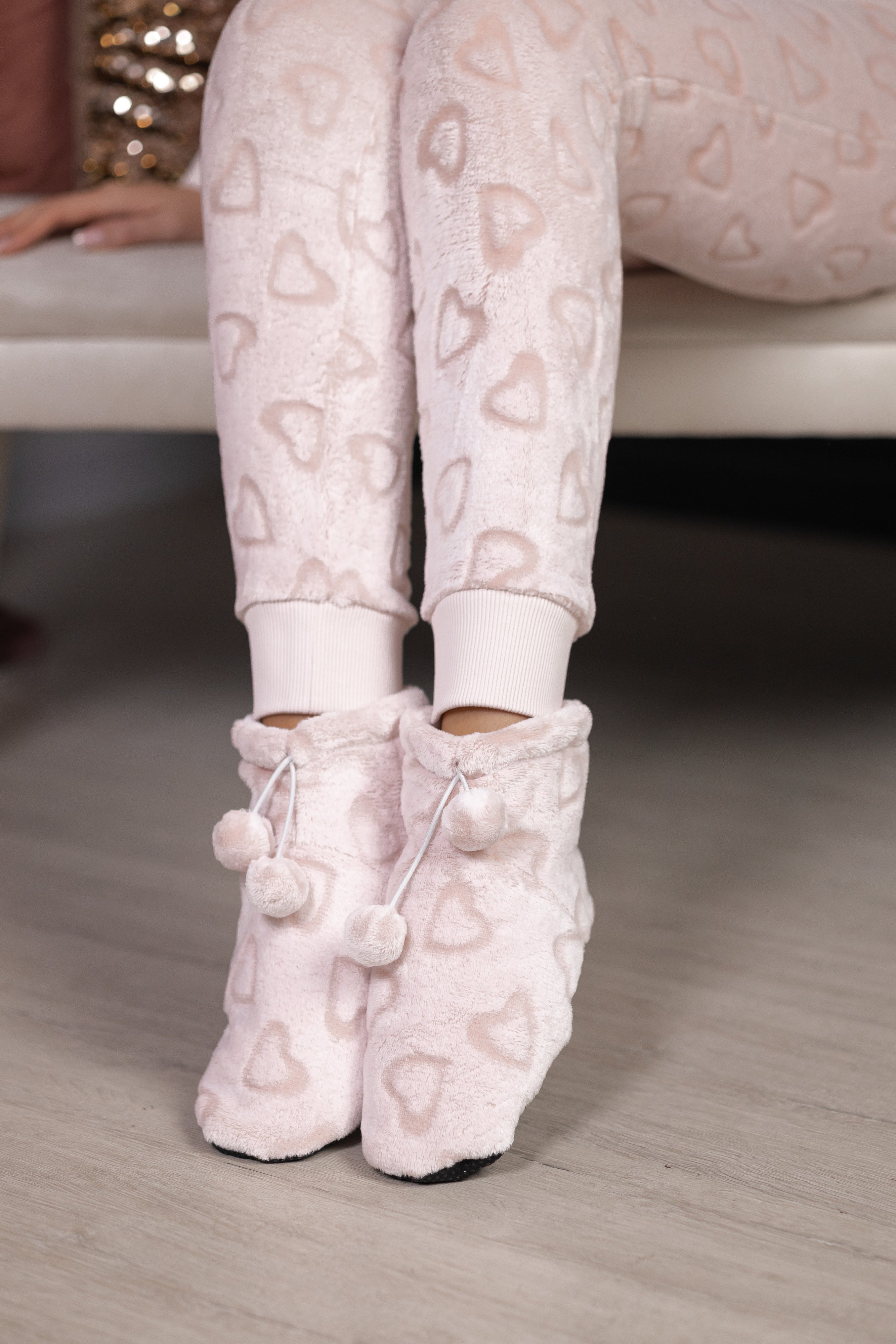 Women's warm terry butt flap pajamas Sweetjama Frozy with a hood "Pink Hearts"