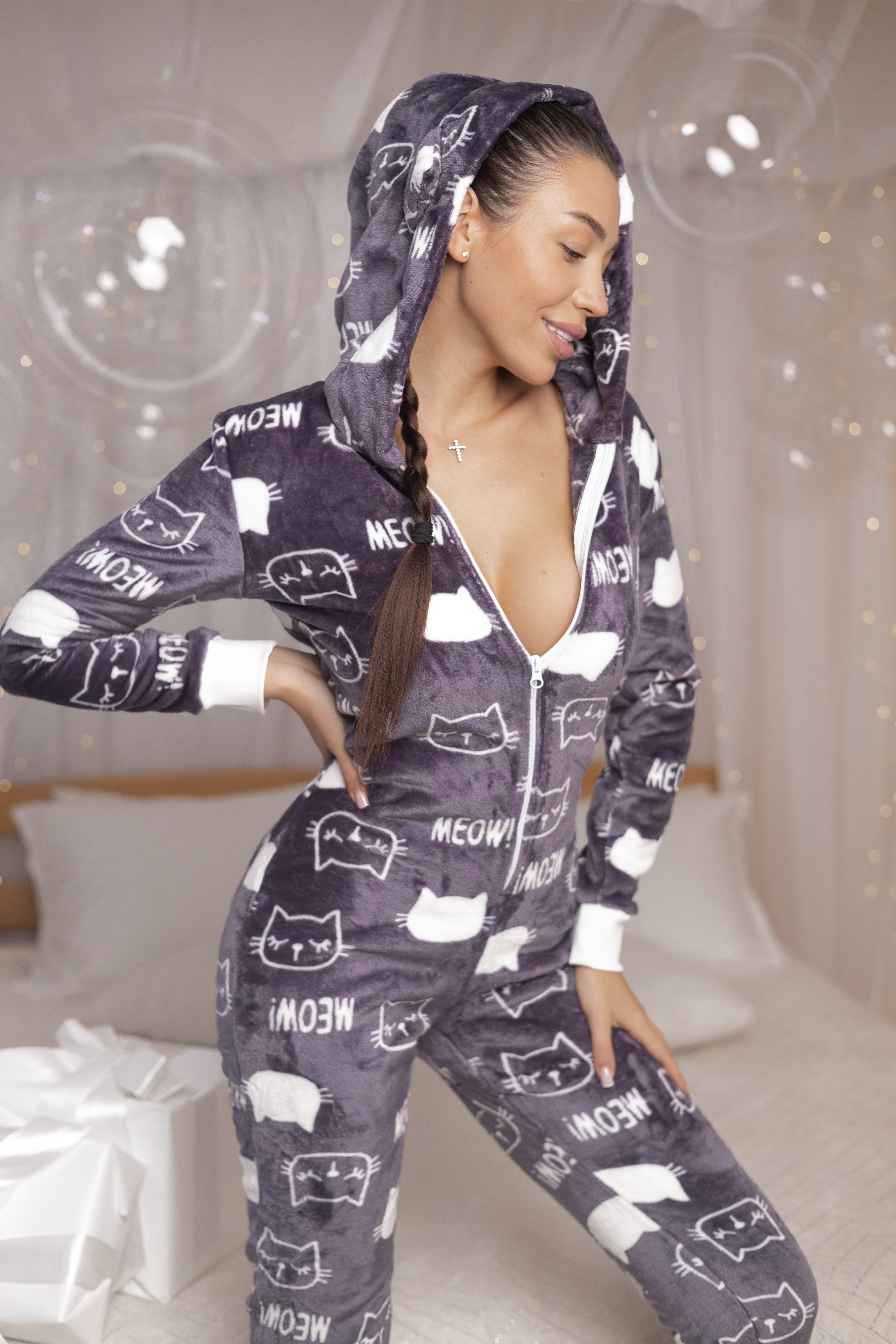 Women's cozy terry butt flap pajamas Sweetjama Frozy with a hood "Meow Violet"