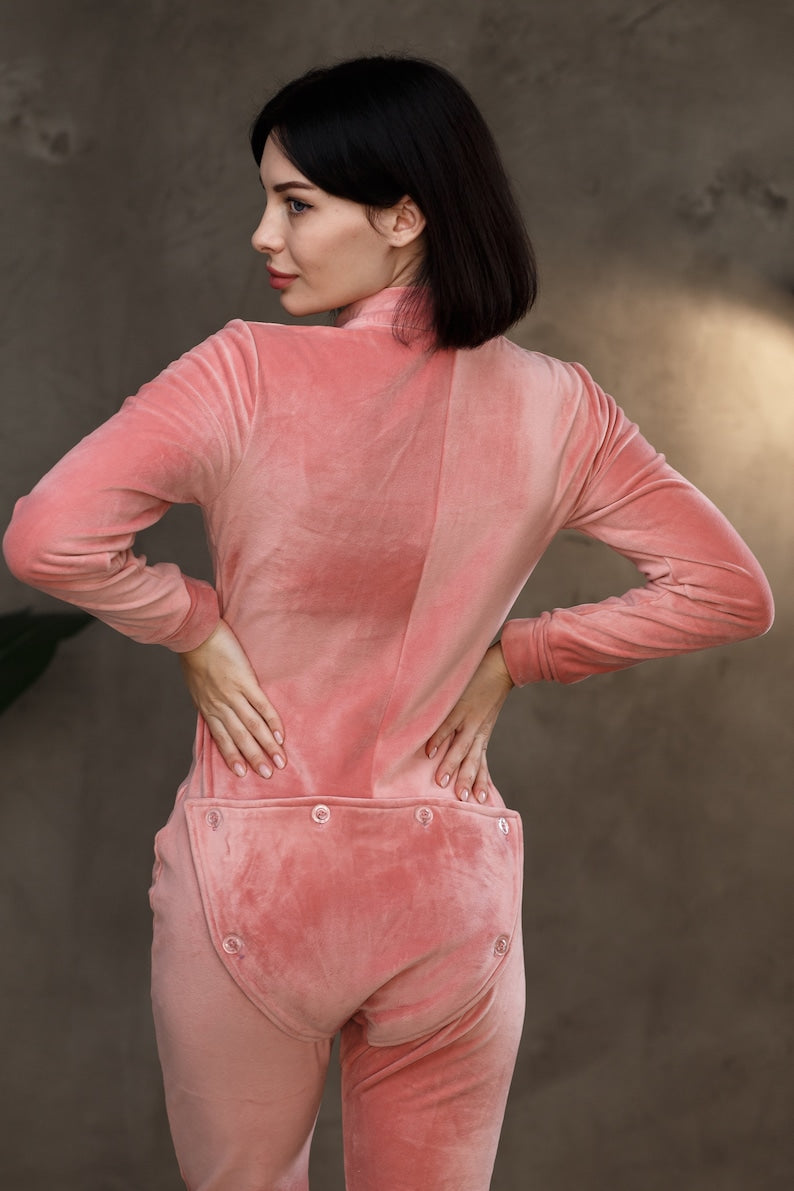 Women's warm velor butt flap pajamas Sweetjama Delight "Pink"
