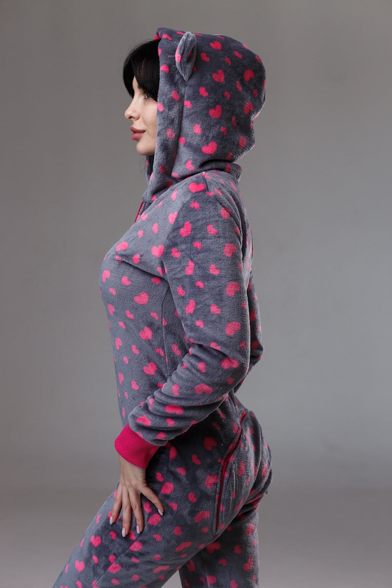 Women's cozy terry butt flap pajamas Sweetjama Frozy with a hood "Cute Hearts"