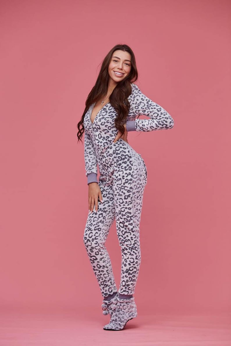 Women's warm terry butt flap pajamas Sweetjama Frozy with a hood "Leopard"