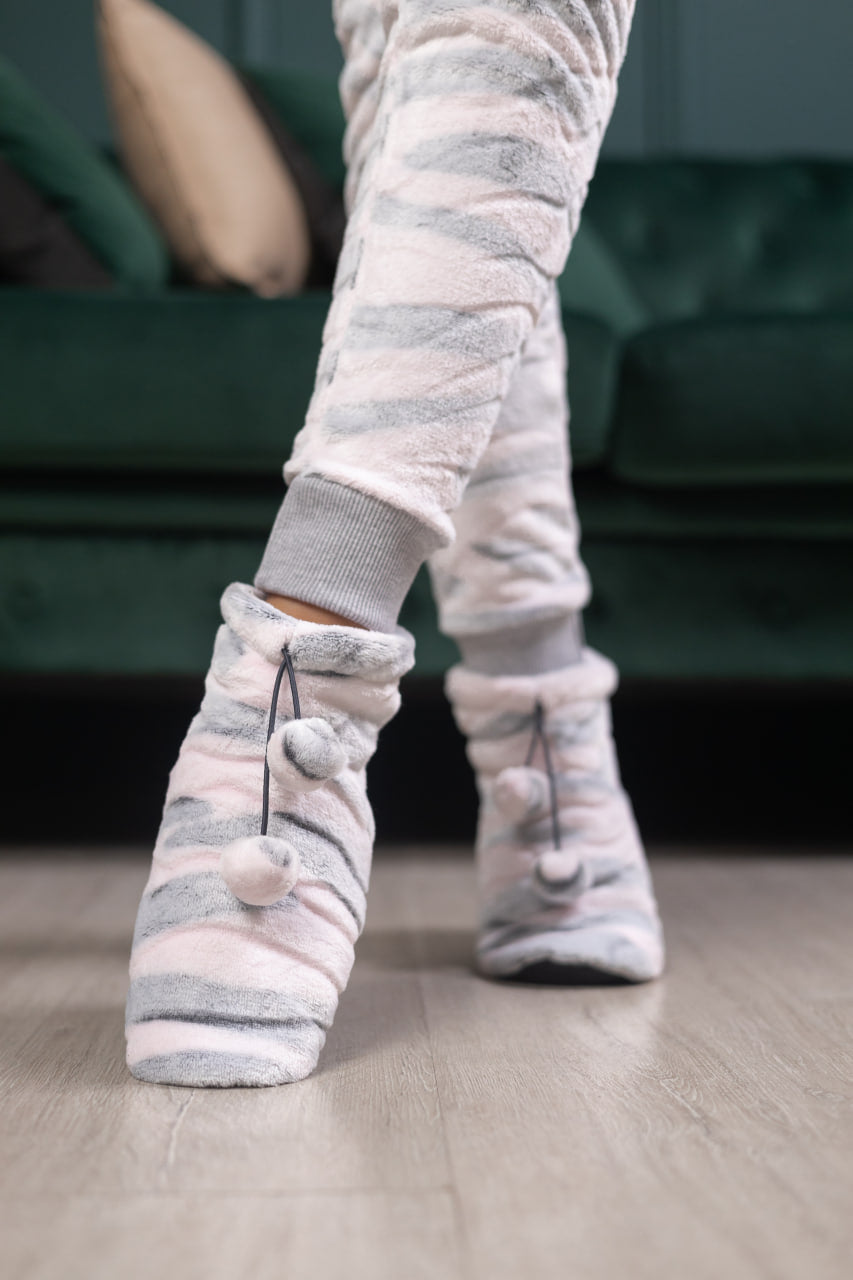 Women's cozy terry butt flap pajamas Sweetjama Frozy with a hood "Gray-pink chinchilla"