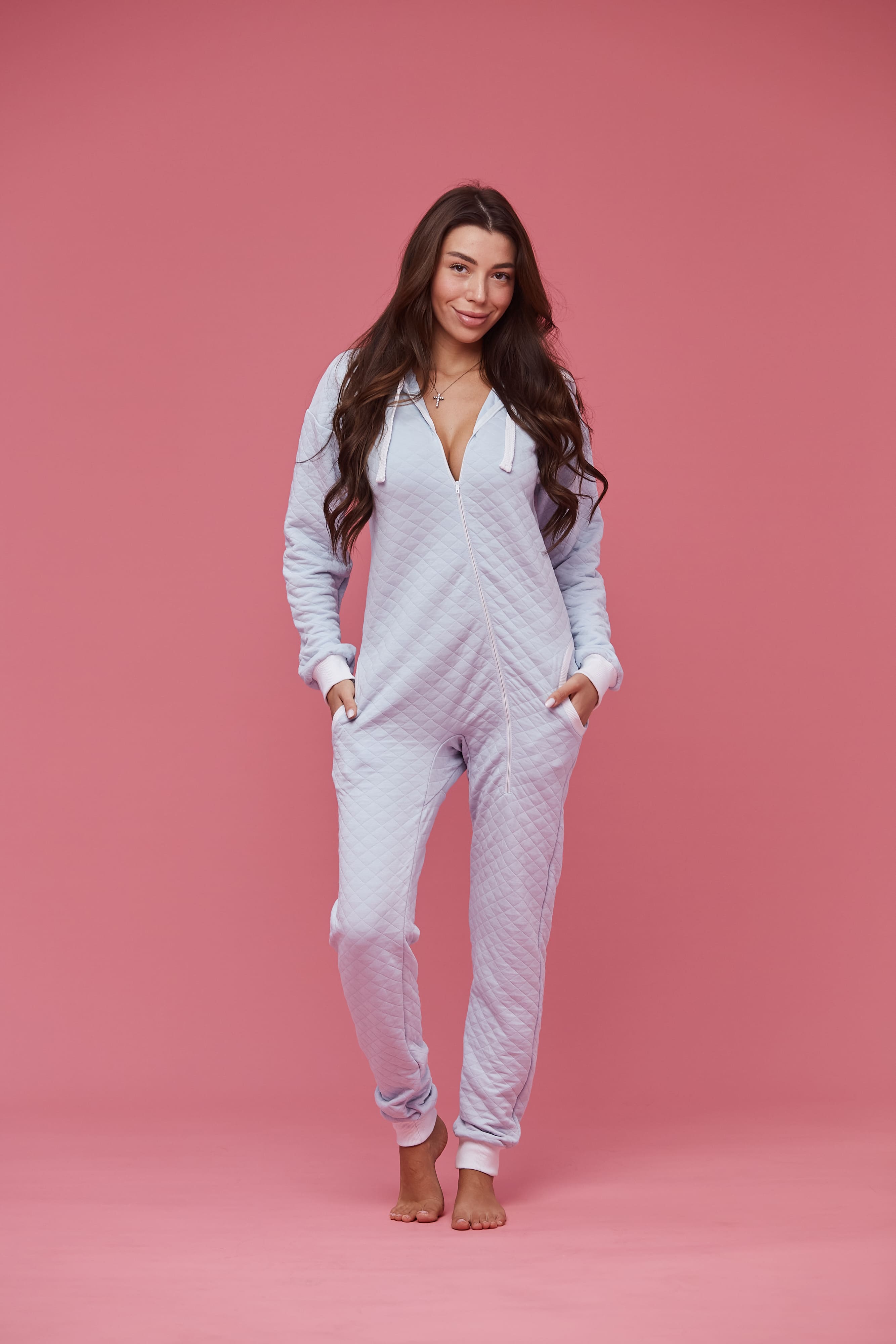 Woman's onesie cotton jumpsuit with a hood pajama's Lounge "Blue" with zipper