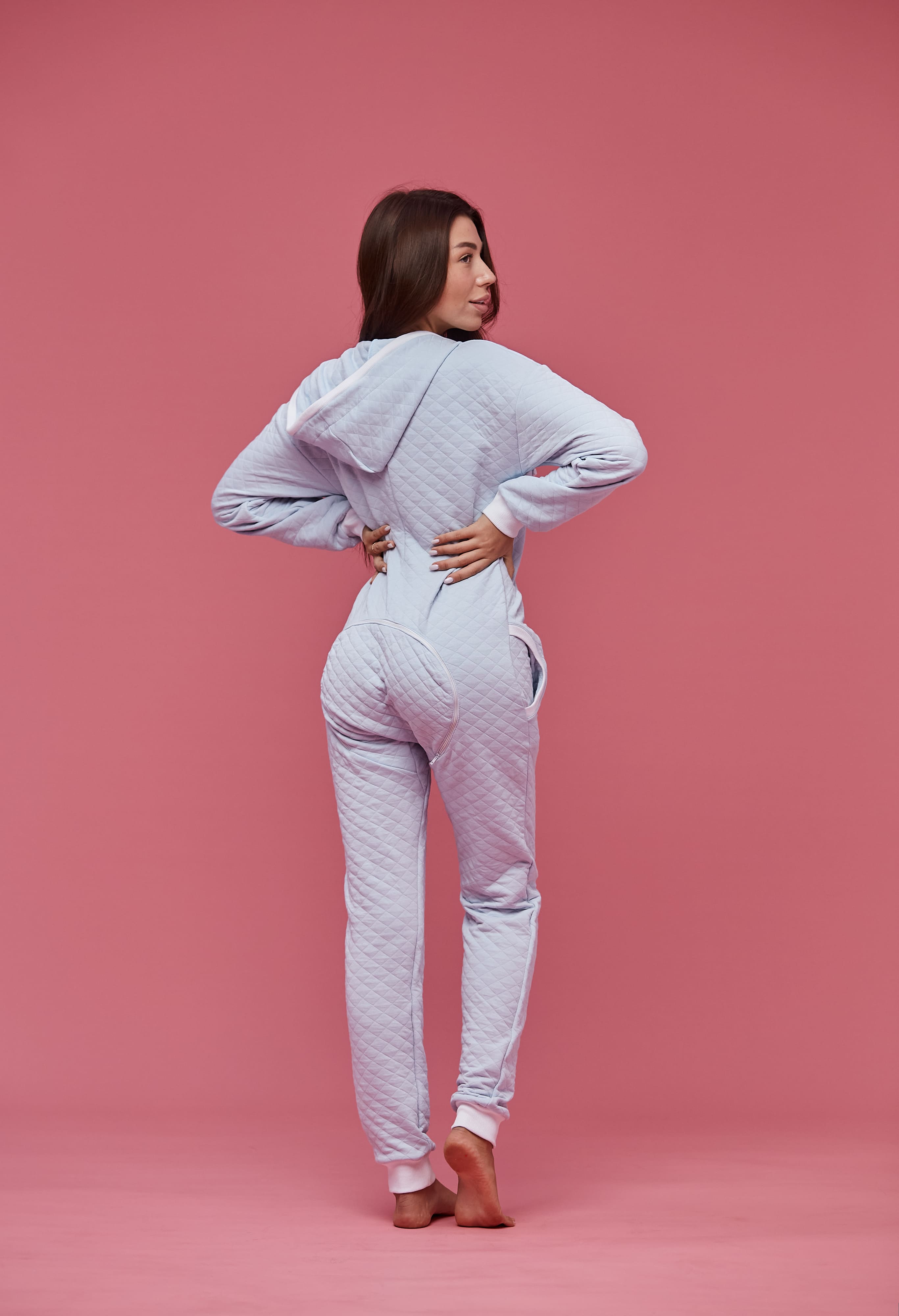 Woman's onesie cotton jumpsuit with a hood pajama's Lounge "Blue" with zipper