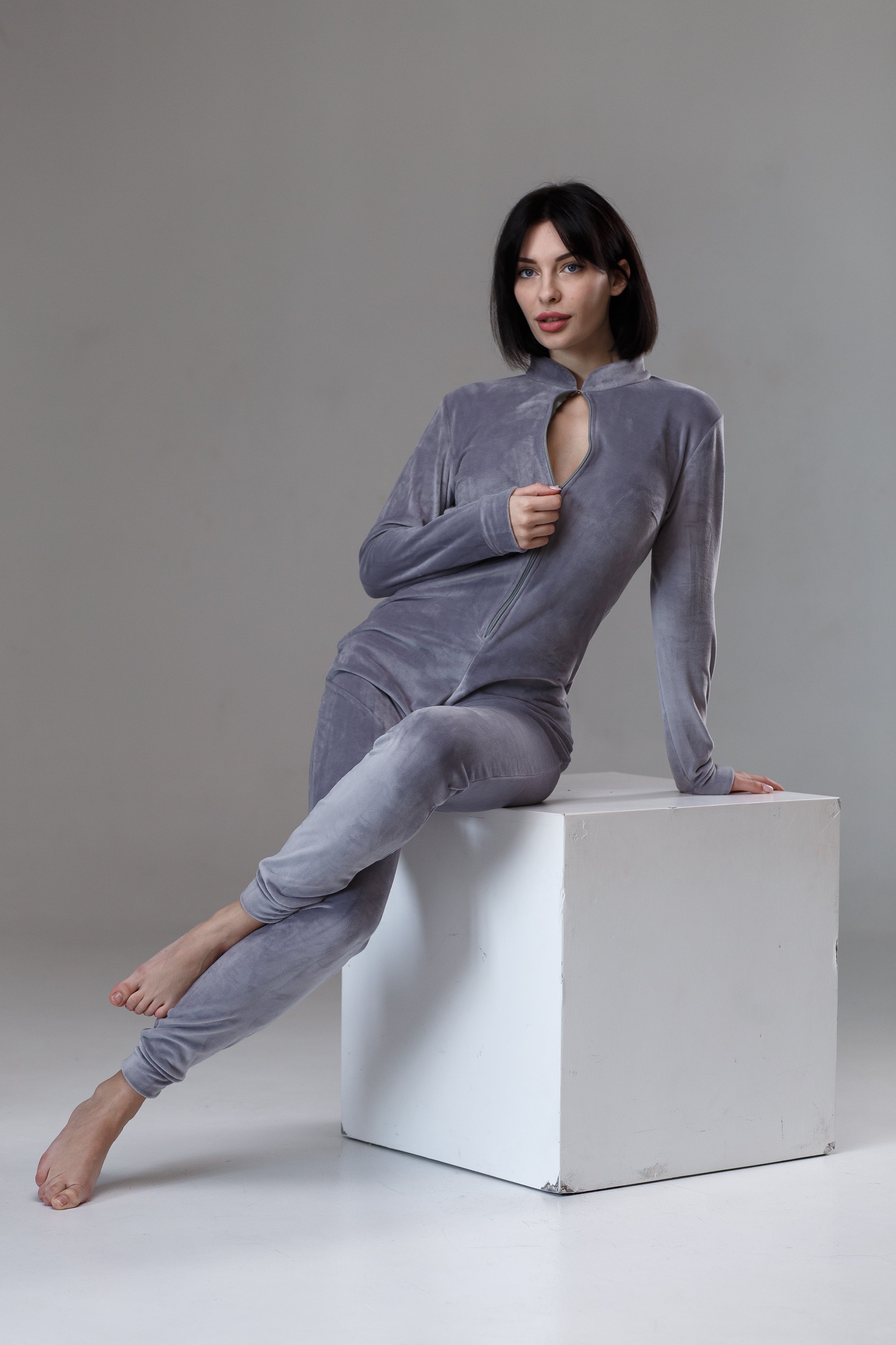 Women's warm velor butt flap pajamas Sweetjama Delight "Gray"