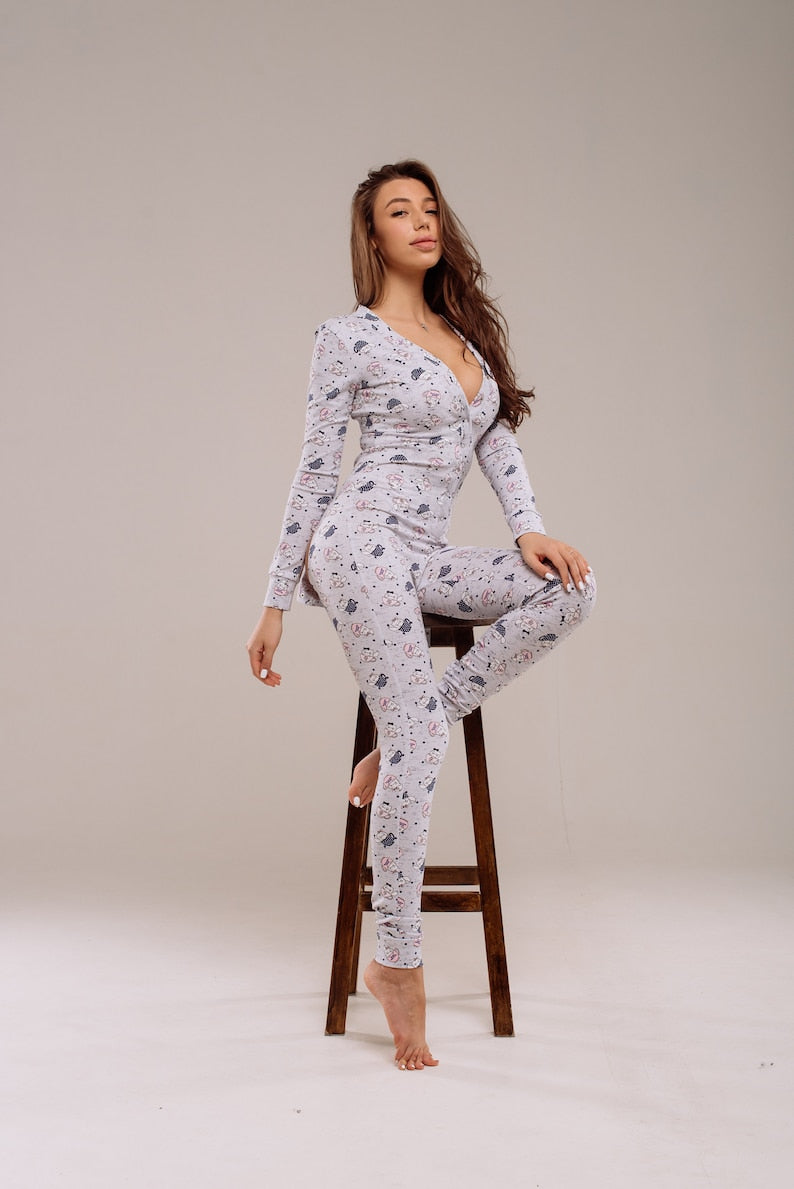 Woman butt flap Pajamas jumpsuit SweetJama Desire "Cat in Cup"