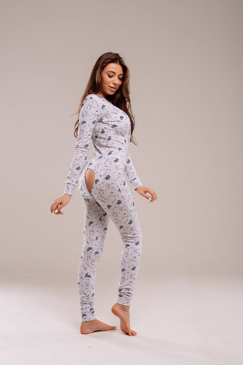 Woman butt flap Pajamas jumpsuit SweetJama Desire "Cat in Cup"