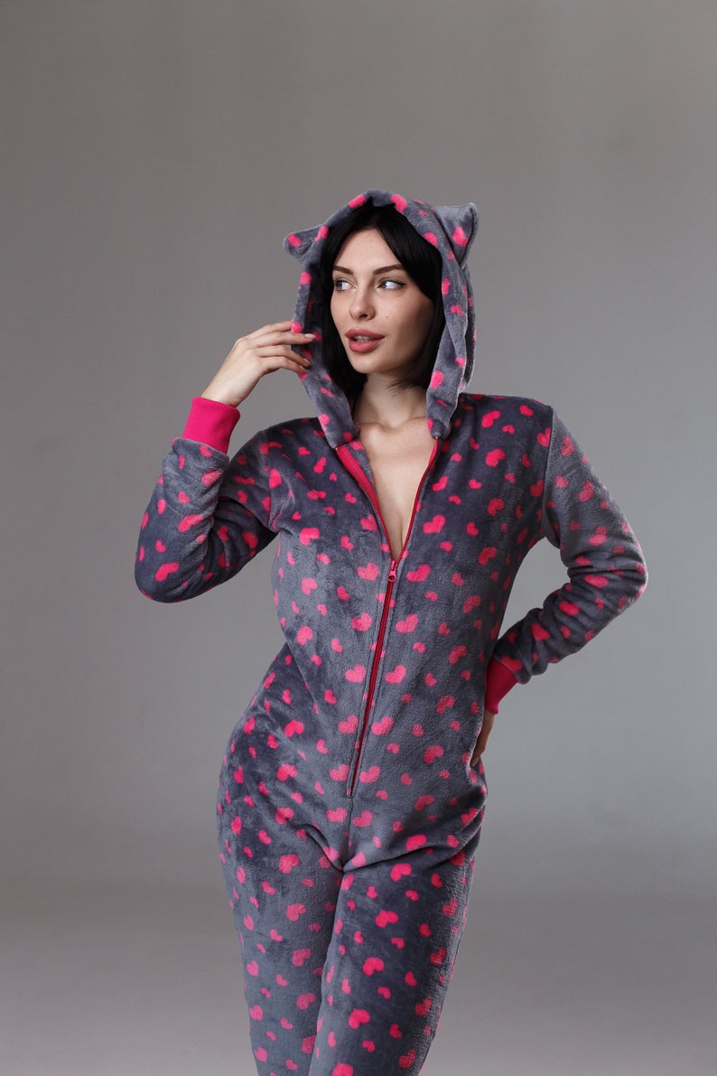 Women's cozy terry butt flap pajamas Sweetjama Frozy with a hood "Cute Hearts"