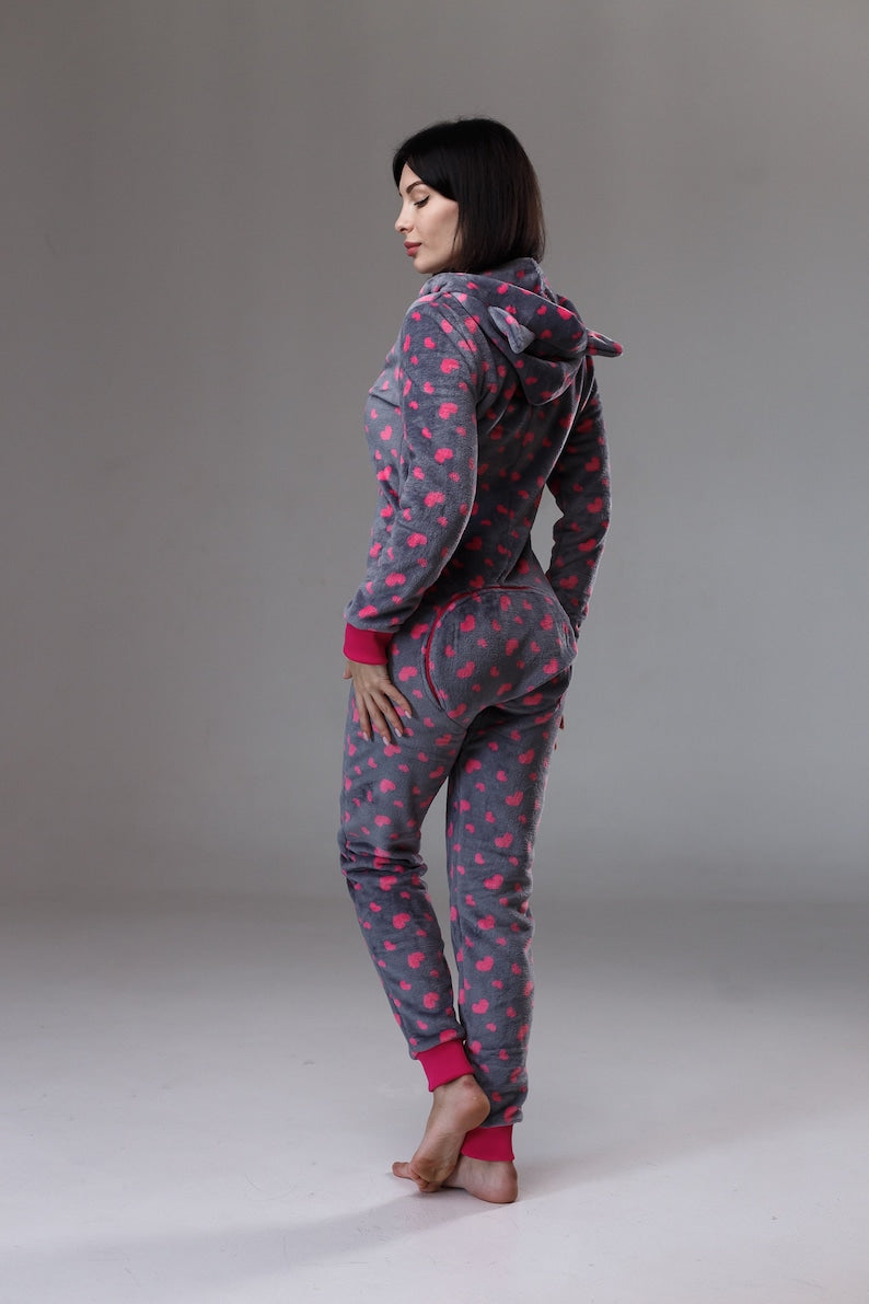 Women's cozy terry butt flap pajamas Sweetjama Frozy with a hood "Cute Hearts"