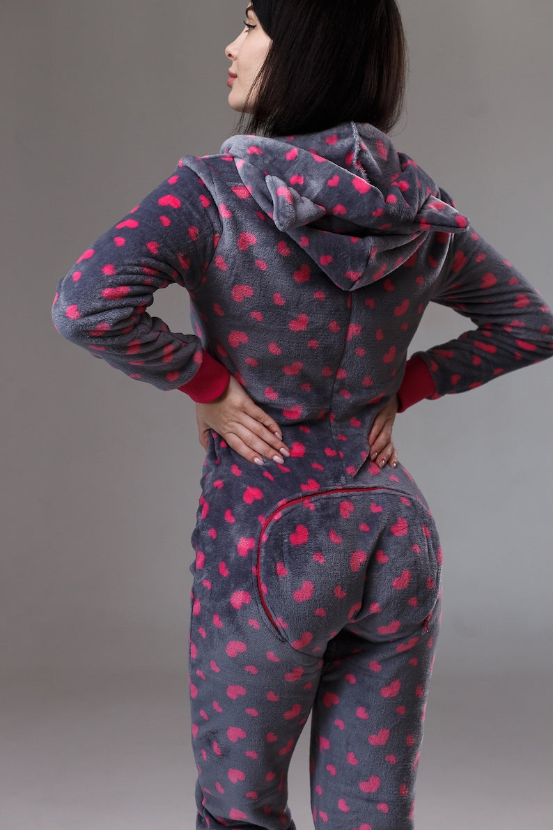 Women's cozy terry butt flap pajamas Sweetjama Frozy with a hood "Cute Hearts"