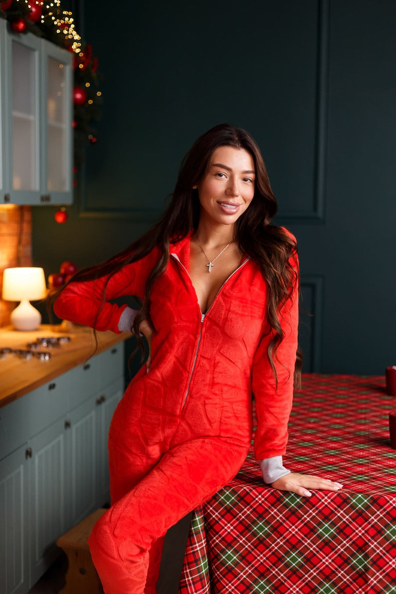 Women's cozy terry butt flap pajamas Sweetjama Frozy with a hood "Ruby"