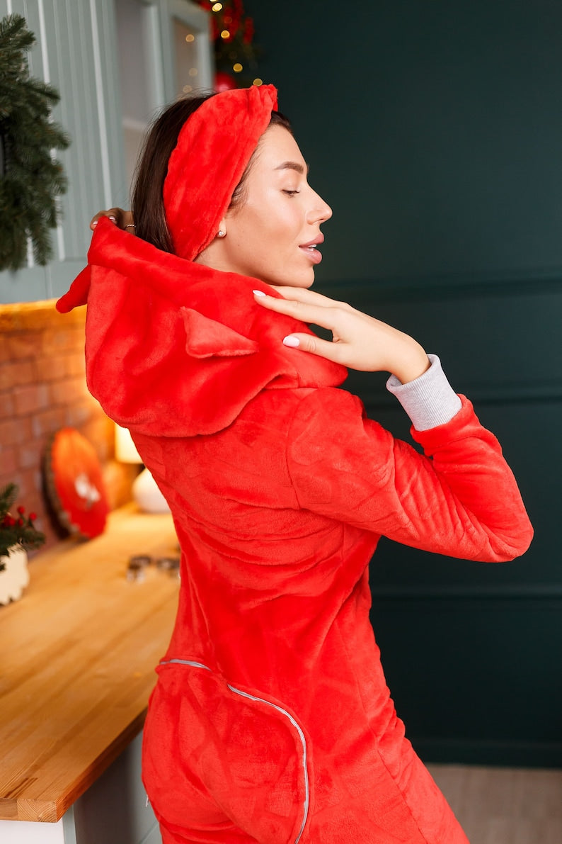 Women's cozy terry butt flap pajamas Sweetjama Frozy with a hood "Ruby"