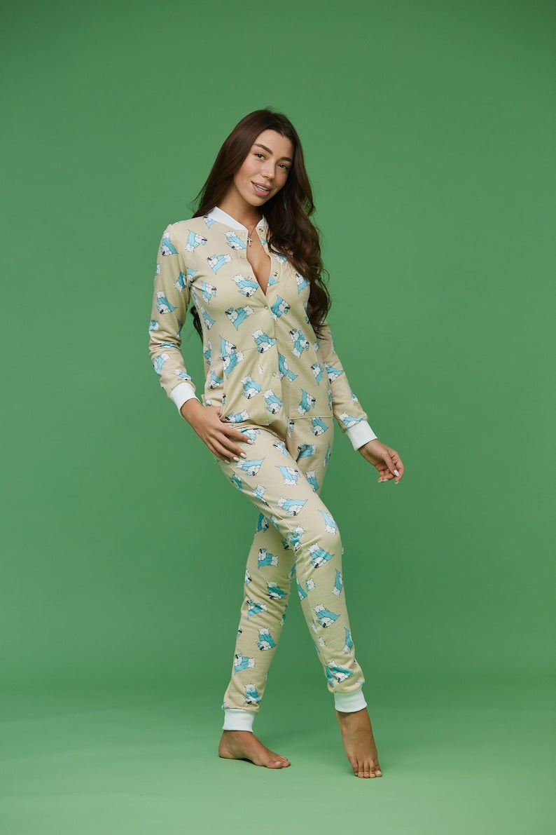 Woman sexy cute butt flap Pajamas jumpsuit SweetJama "Bears in scarves"