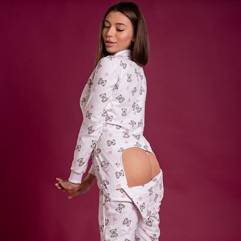 Woman cute butt flap Pajamas jumpsuit cutout SweetJama Flannel "Teddy bear with heart"