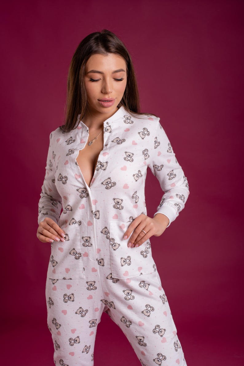 Woman cute butt flap Pajamas jumpsuit cutout SweetJama Flannel "Teddy bear with heart"